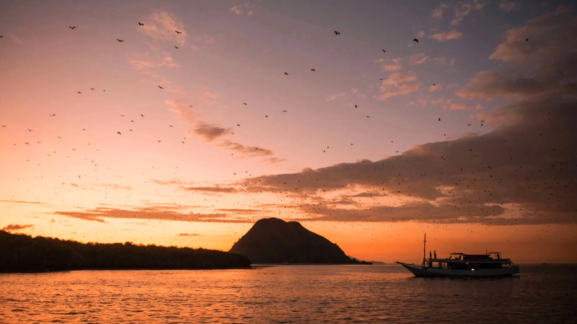 Sunset at Kalong Island in Komodo National Park with thousands of flying bats in the orange and purple sky
