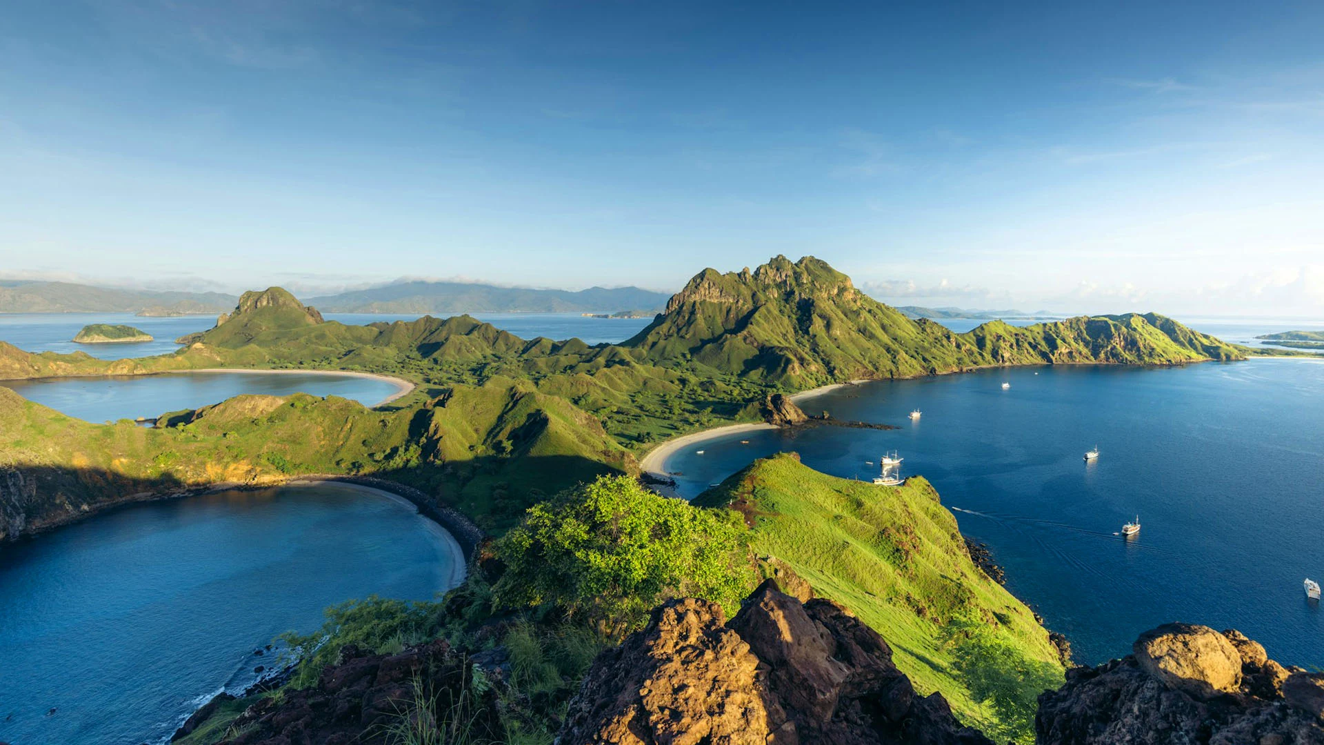 Panoramic view of Padar Island with three crescent-shaped bays in Komodo National Park